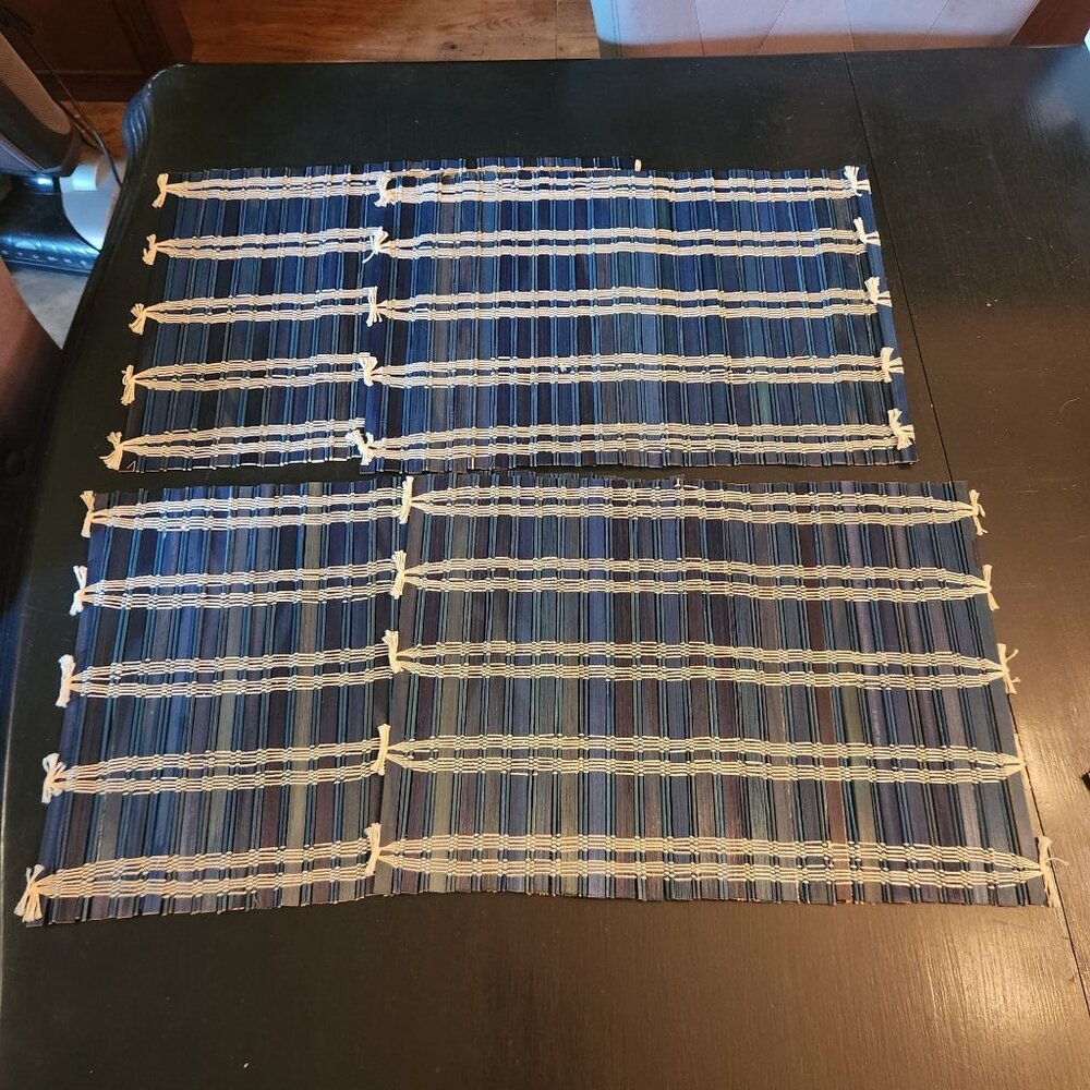 Set Of 4 Blue & Natural Bamboo Woven Placemats With Fringe Details